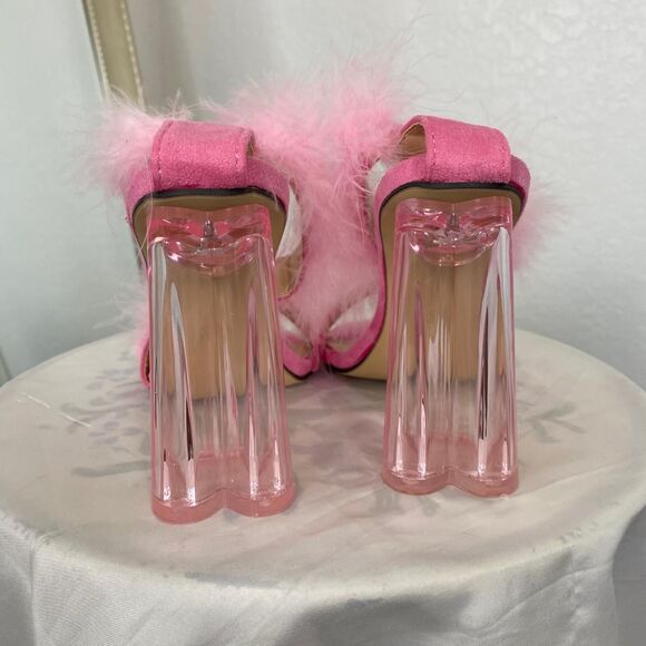 Light Pink Feather Fluffy Wrap Around Heart Block High Heels EU 37 / US 6.5 - Picture 5 of 7